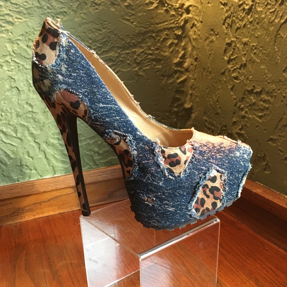 6 Inch Distressed/Leopard print Denim High Heels